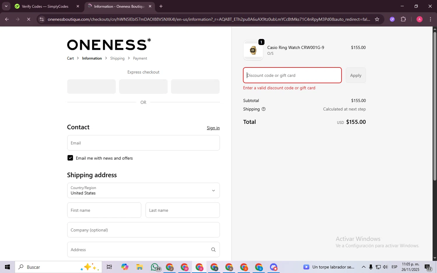 Oneness Boutique promo code screenshot showing code WARMUP applied at Oneness Boutique checkout page. Uploaded by SimplyCodes community member SaleScholar6713 on Nov 27, 2025