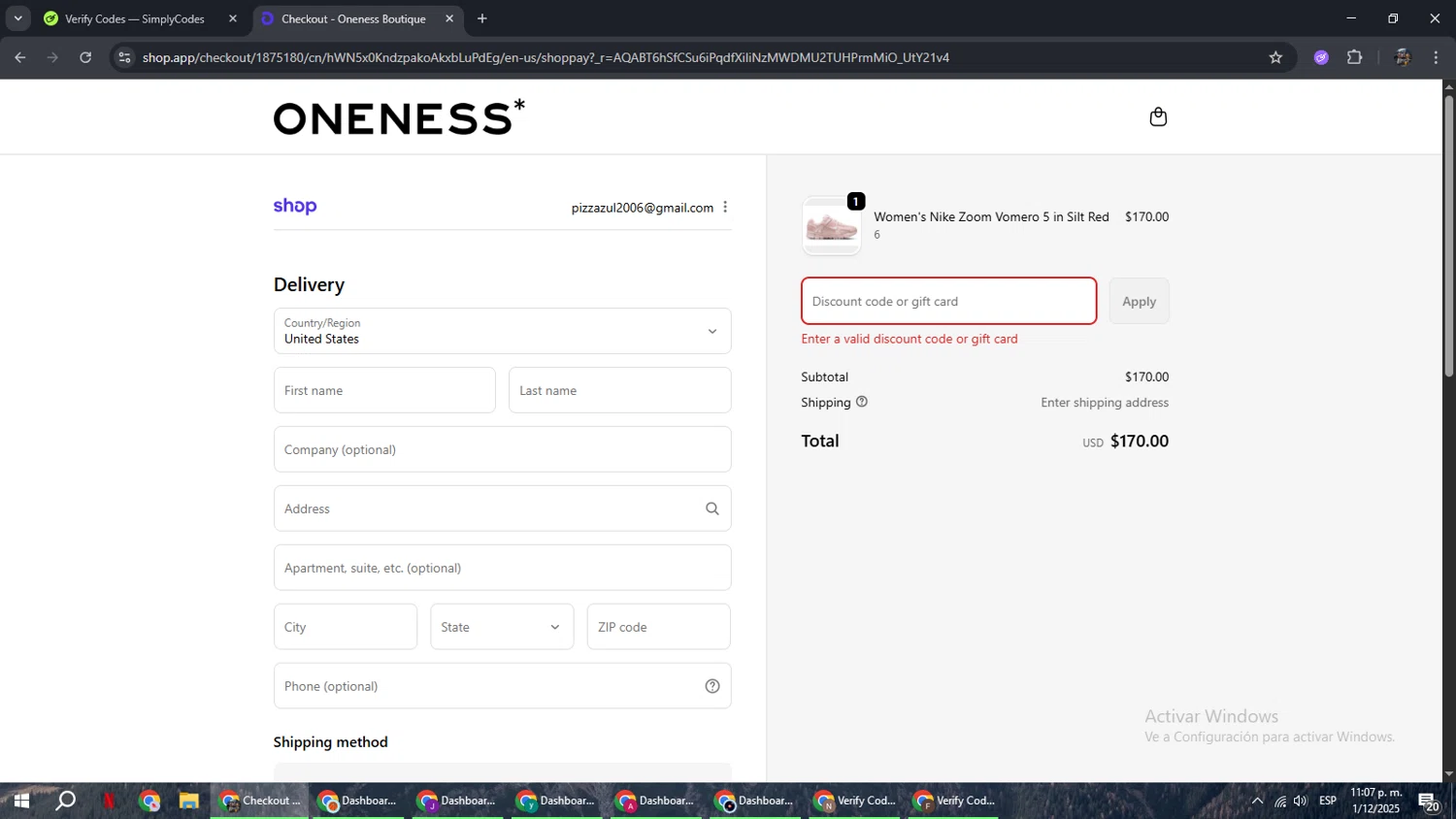 Oneness Boutique promo code screenshot showing code BLACKFRIDAY applied at Oneness Boutique checkout page. Uploaded by SimplyCodes community member xxdddd on Dec 2, 2025