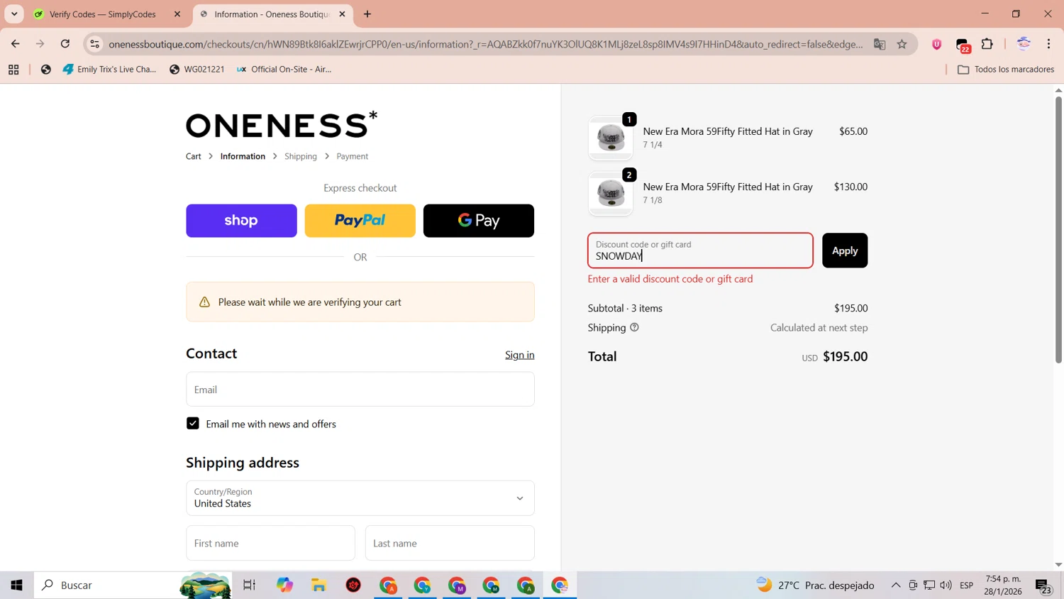 Oneness Boutique promo code screenshot showing code SNOWDAY applied at Oneness Boutique checkout page. Uploaded by SimplyCodes community member CoinLegend1707 on Jan 28, 2026