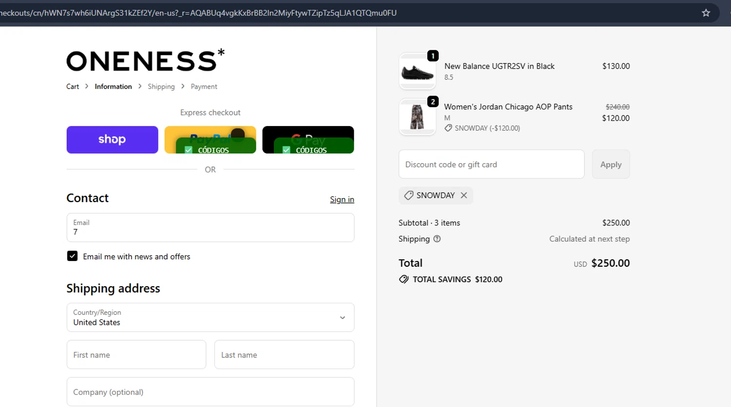 Oneness Boutique promo code screenshot showing code SNOWDAY applied at Oneness Boutique checkout page. Uploaded by SimplyCodes community member Jmhernand1 on Jan 27, 2026
