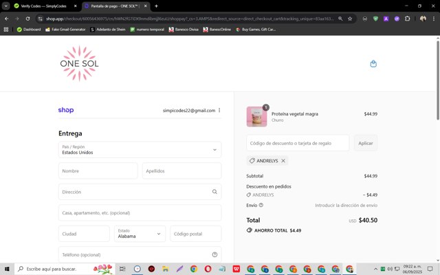 ONE SOL checkout page showing ONE SOL discount code box | Screenshot taken by SimplyCodes community member on Sep 6, 2025