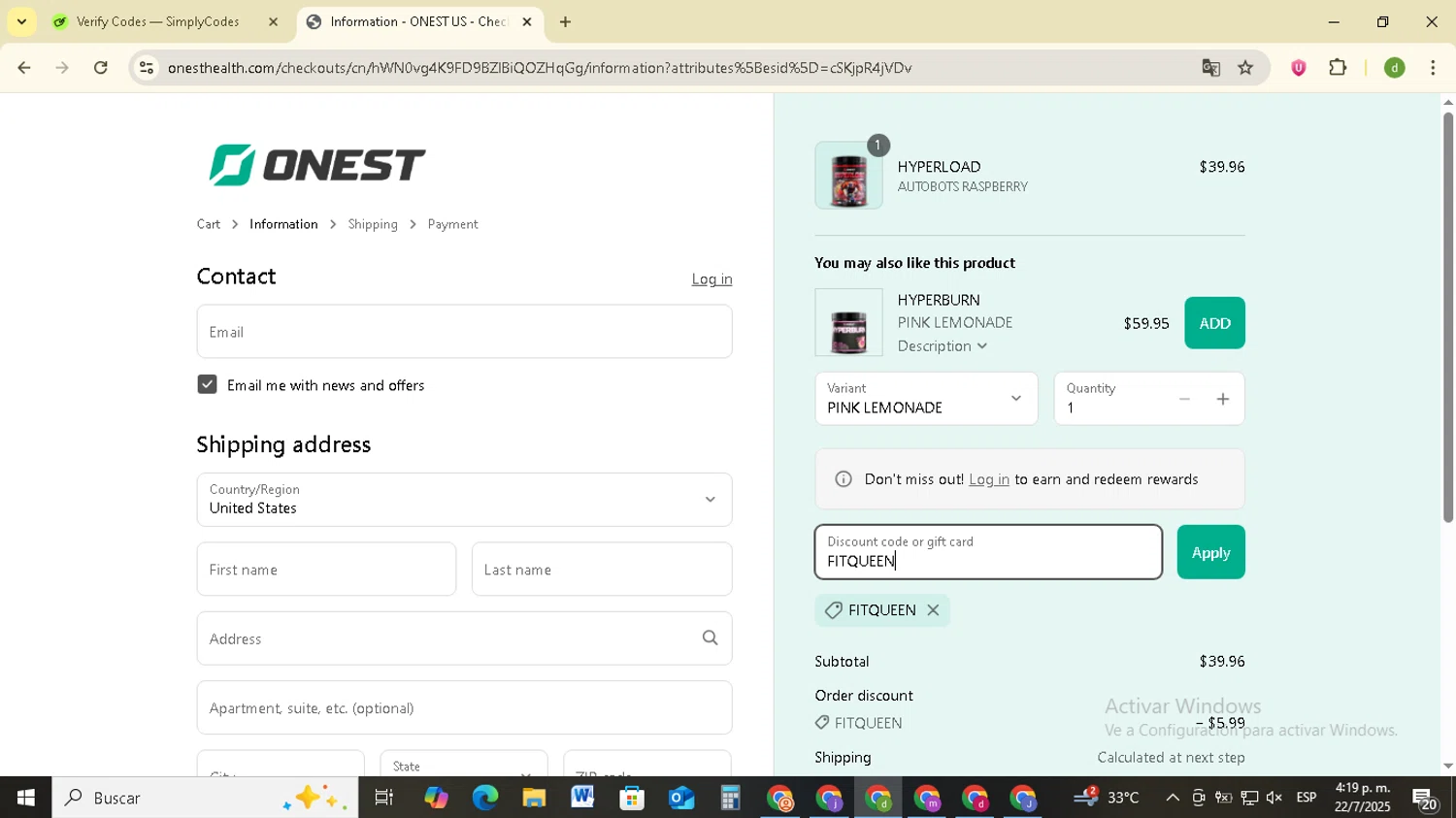 Onest Health discount code screenshot showing code FITQUEEN applied at Onest Health checkout page. Uploaded by SimplyCodes community member SavingsSentinel833 on Jul 22, 2025