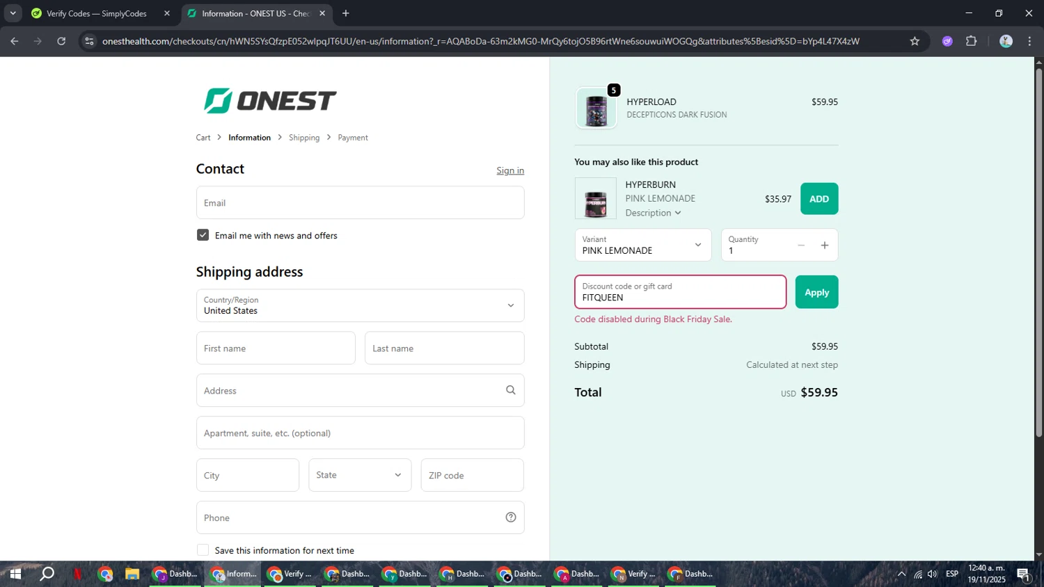 Onest Health discount code screenshot showing code FITQUEEN applied at Onest Health checkout page. Uploaded by SimplyCodes community member ShrewdSeeker6165 on Nov 19, 2025