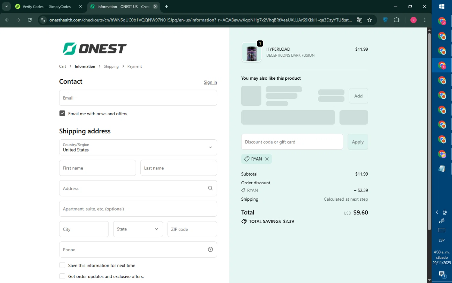 Onest Health discount code screenshot showing code RYAN applied at Onest Health checkout page. Uploaded by SimplyCodes community member RebateNavigator926 on Nov 29, 2025