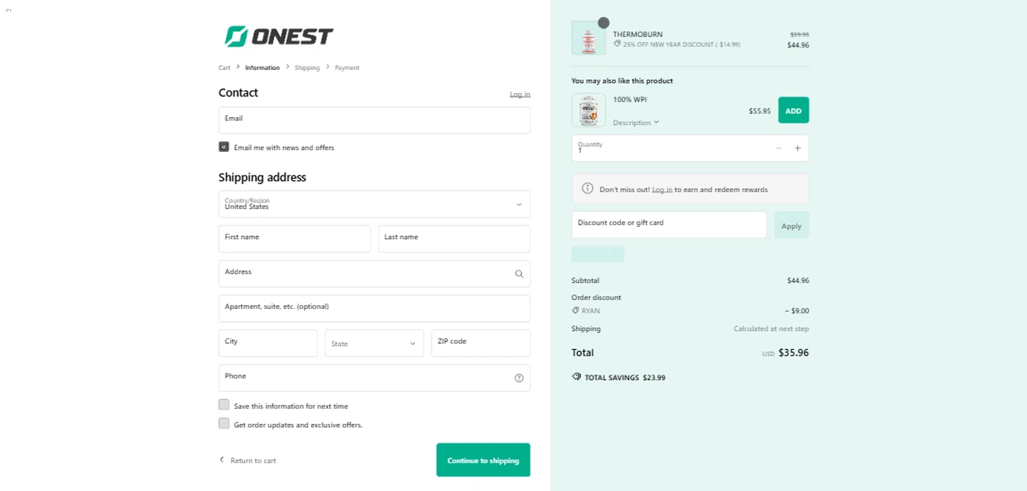 Onest Health discount code screenshot showing code RYAN applied at Onest Health checkout page. Uploaded by SimplyCodes community member RobertWalter on Jan 12, 2025