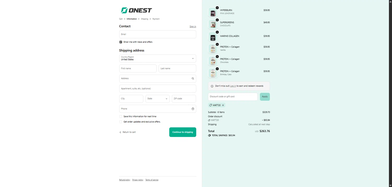 Onest Health checkout page showing Onest Health discount code box | Screenshot taken by SimplyCodes community member on Feb 8, 2026