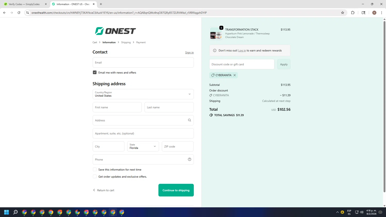 Onest Health checkout page showing Onest Health discount code box | Screenshot taken by SimplyCodes community member on Feb 8, 2026