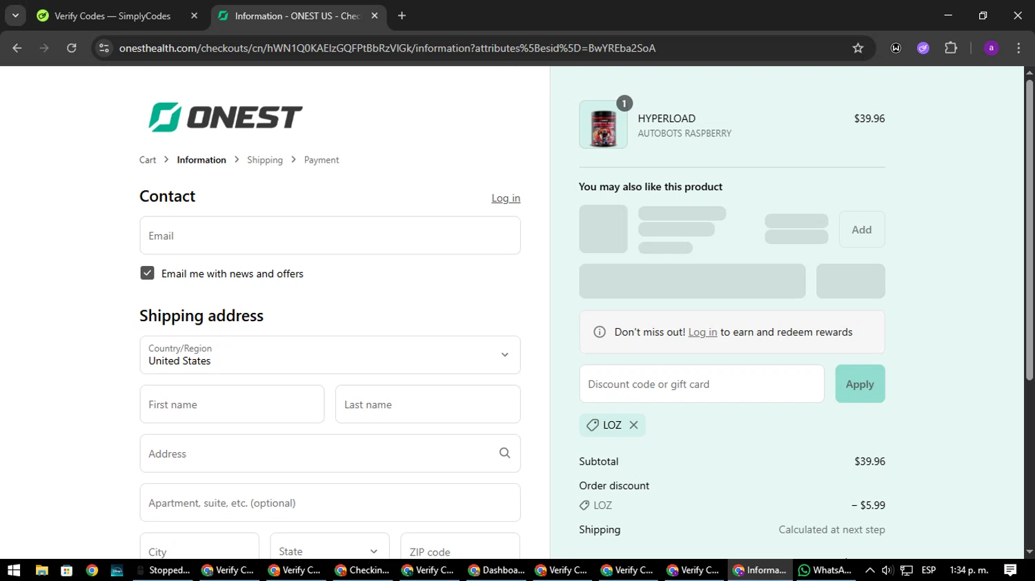 Onest Health discount code screenshot showing code LOZ applied at Onest Health checkout page. Uploaded by SimplyCodes community member CoinElite8997 on Aug 4, 2025