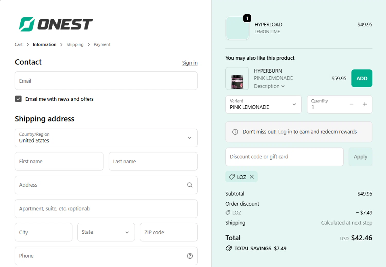 Onest Health discount code screenshot showing code LOZ applied at Onest Health checkout page. Uploaded by SimplyCodes community member QuestPro4808 on Dec 27, 2025