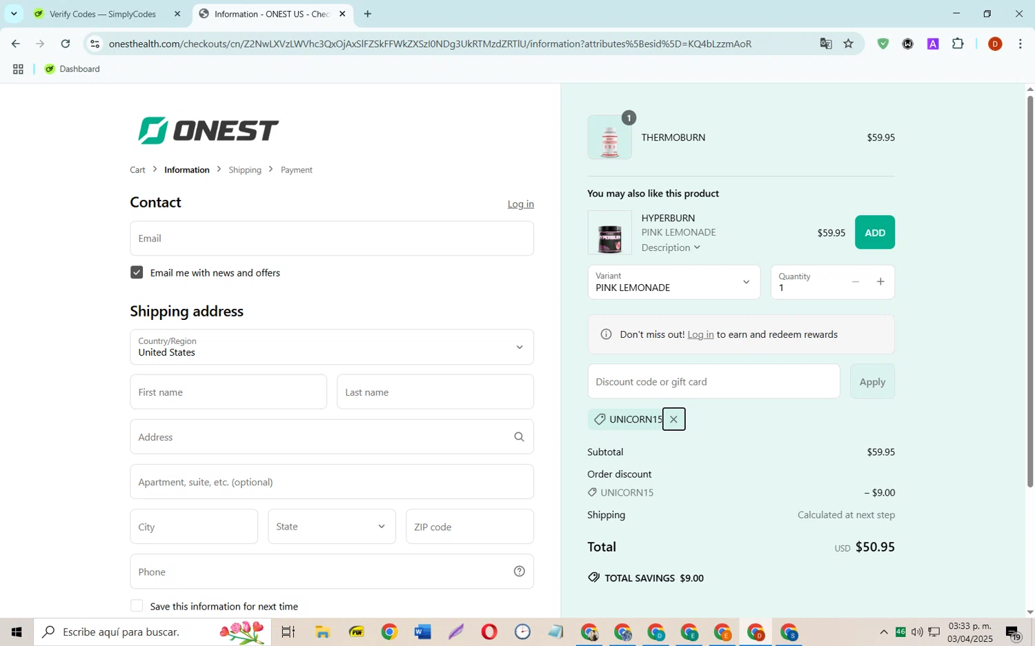 Onest Health discount code screenshot showing code UNICORN15 applied at Onest Health checkout page. Uploaded by SimplyCodes community member SaleSaver3540 on Apr 3, 2025