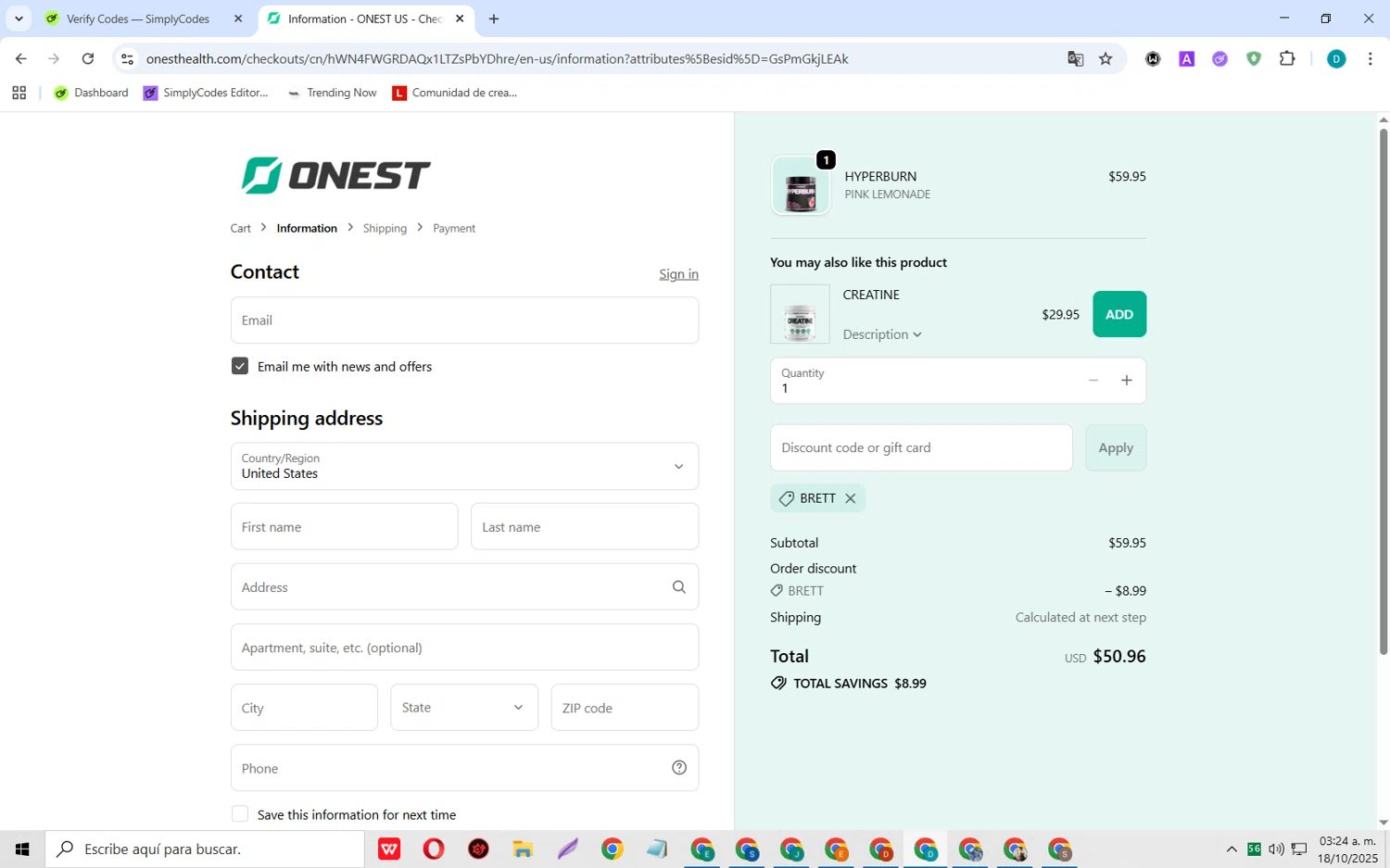 Onest Health discount code screenshot showing code BRETT applied at Onest Health checkout page. Uploaded by SimplyCodes community member MagnificentCollector5368 on Oct 18, 2025
