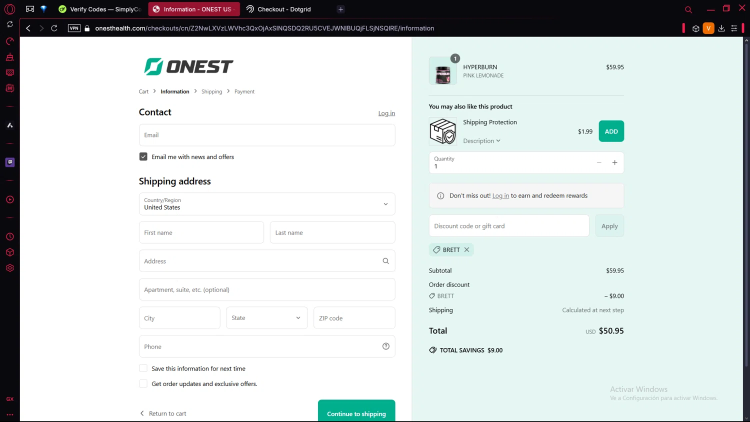 Onest Health discount code screenshot showing code BRETT applied at Onest Health checkout page. Uploaded by SimplyCodes community member BrilliantLion4485 on Apr 25, 2025