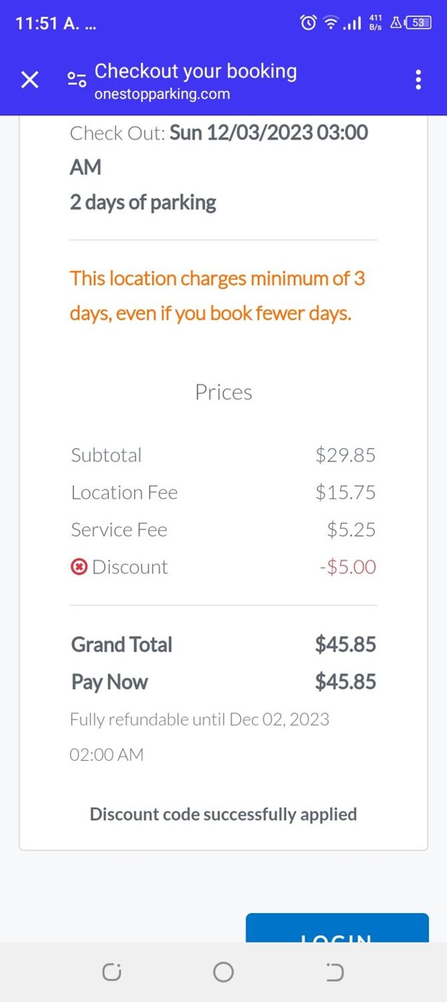 OneStopParking.com checkout page showing OneStopParking.com discount code box | Screenshot taken by SimplyCodes community member on Dec 1, 2023