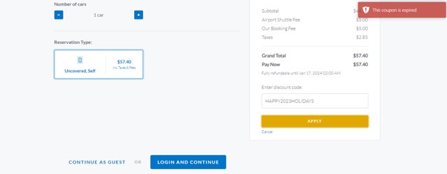 OneStopParking.com checkout page showing OneStopParking.com discount code box | Screenshot taken by SimplyCodes community member on Jan 3, 2024