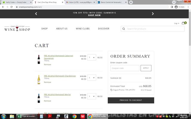 One Stop Wine Shop checkout page showing One Stop Wine Shop promo code box | Screenshot taken by SimplyCodes community member on Aug 26, 2025
