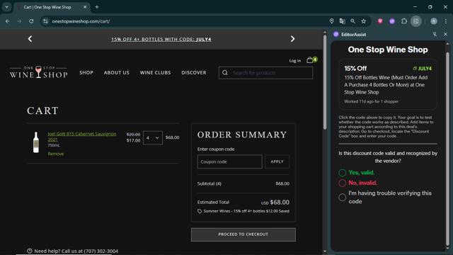 One Stop Wine Shop checkout page showing One Stop Wine Shop promo code box | Screenshot taken by SimplyCodes community member on Jul 13, 2025