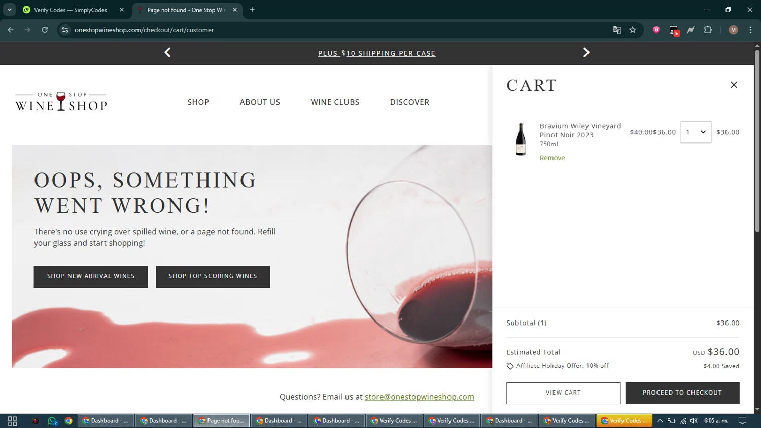 One Stop Wine Shop promo code screenshot showing code HOLIDAY10 applied at One Stop Wine Shop checkout page. Uploaded by SimplyCodes community member DiscountTitan4635 on Dec 22, 2025