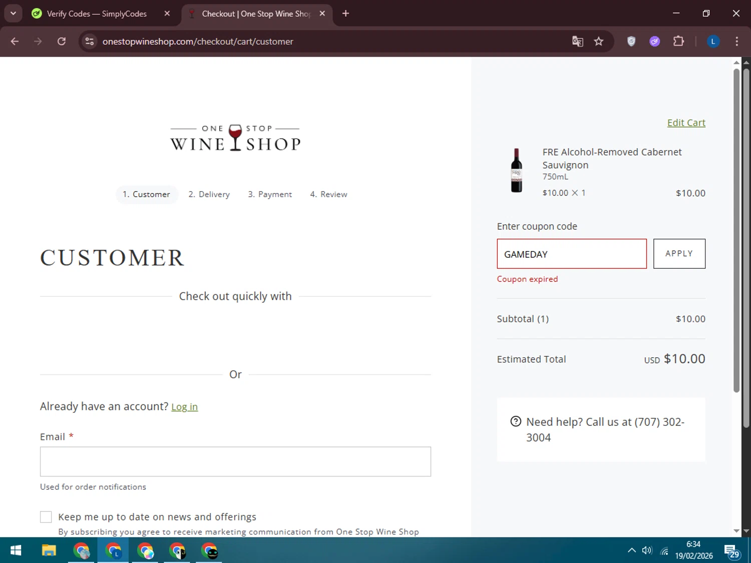 One Stop Wine Shop promo code screenshot showing code GAMEDAY applied at One Stop Wine Shop checkout page. Uploaded by SimplyCodes community member LegendaryLegend5536 on Feb 19, 2026