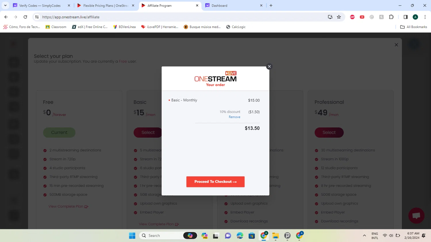 OneStream Live checkout page showing OneStream Live coupon code box | Screenshot taken by SimplyCodes community member on Feb 16, 2024