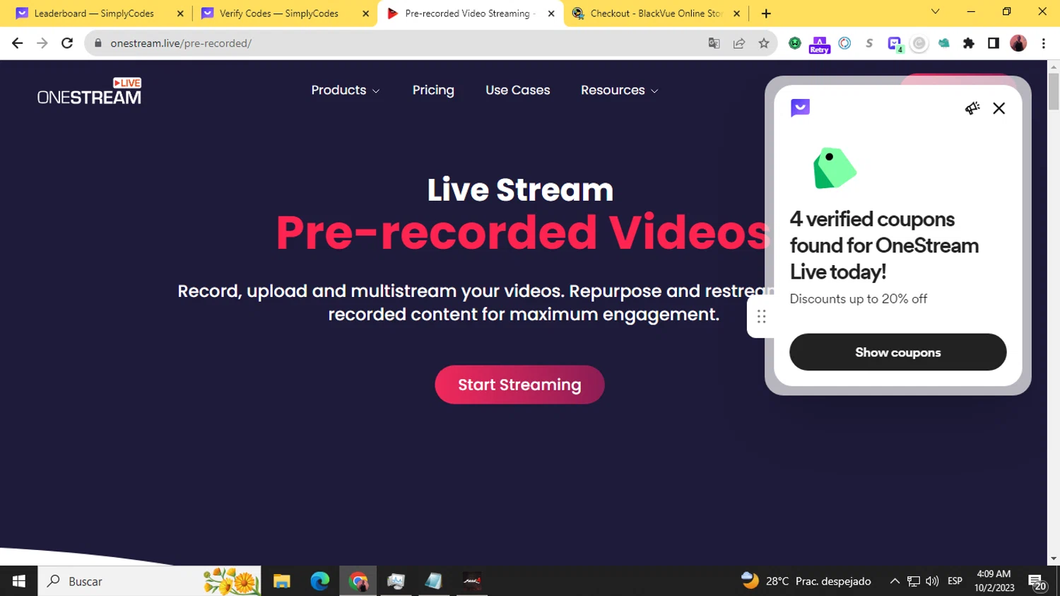 OneStream Live checkout page showing OneStream Live coupon code box | Screenshot taken by SimplyCodes community member on Oct 2, 2023