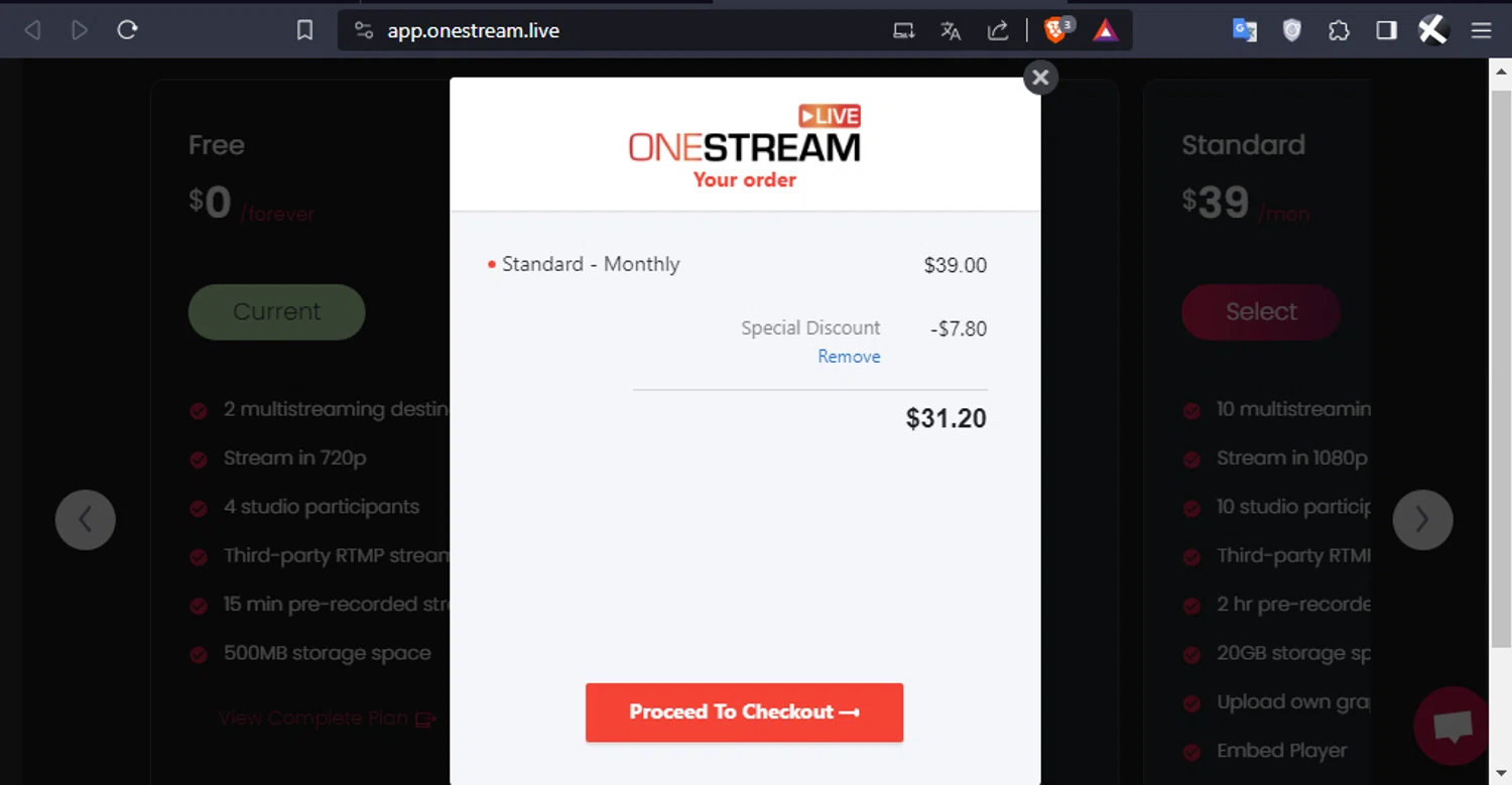 OneStream Live checkout page showing OneStream Live coupon code box | Screenshot taken by SimplyCodes community member on Dec 17, 2023
