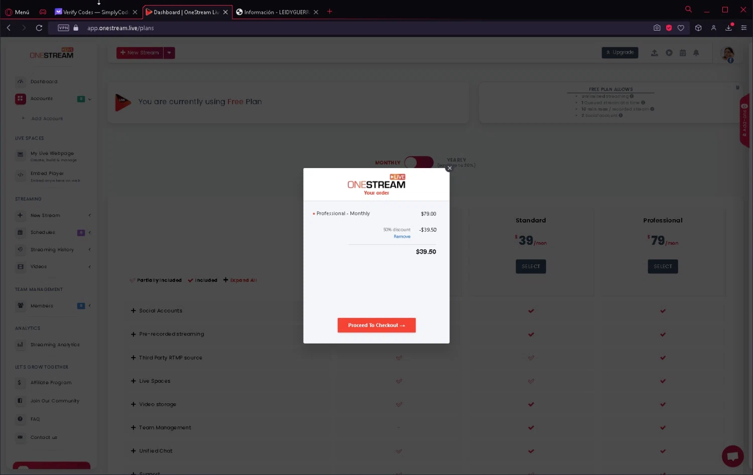 OneStream Live checkout page showing OneStream Live coupon code box | Screenshot taken by SimplyCodes community member on Jul 5, 2023