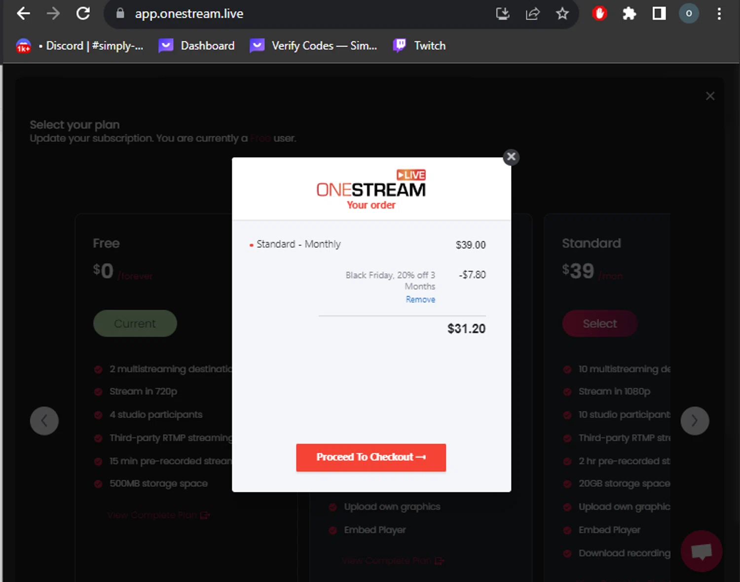 OneStream Live checkout page showing OneStream Live coupon code box | Screenshot taken by SimplyCodes community member on Nov 15, 2023