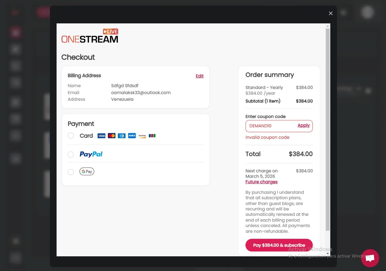 OneStream Live coupon code screenshot showing code DEMAND10 applied at OneStream Live checkout page. Uploaded by SimplyCodes community member WonderVirtuoso3484 on Mar 5, 2025