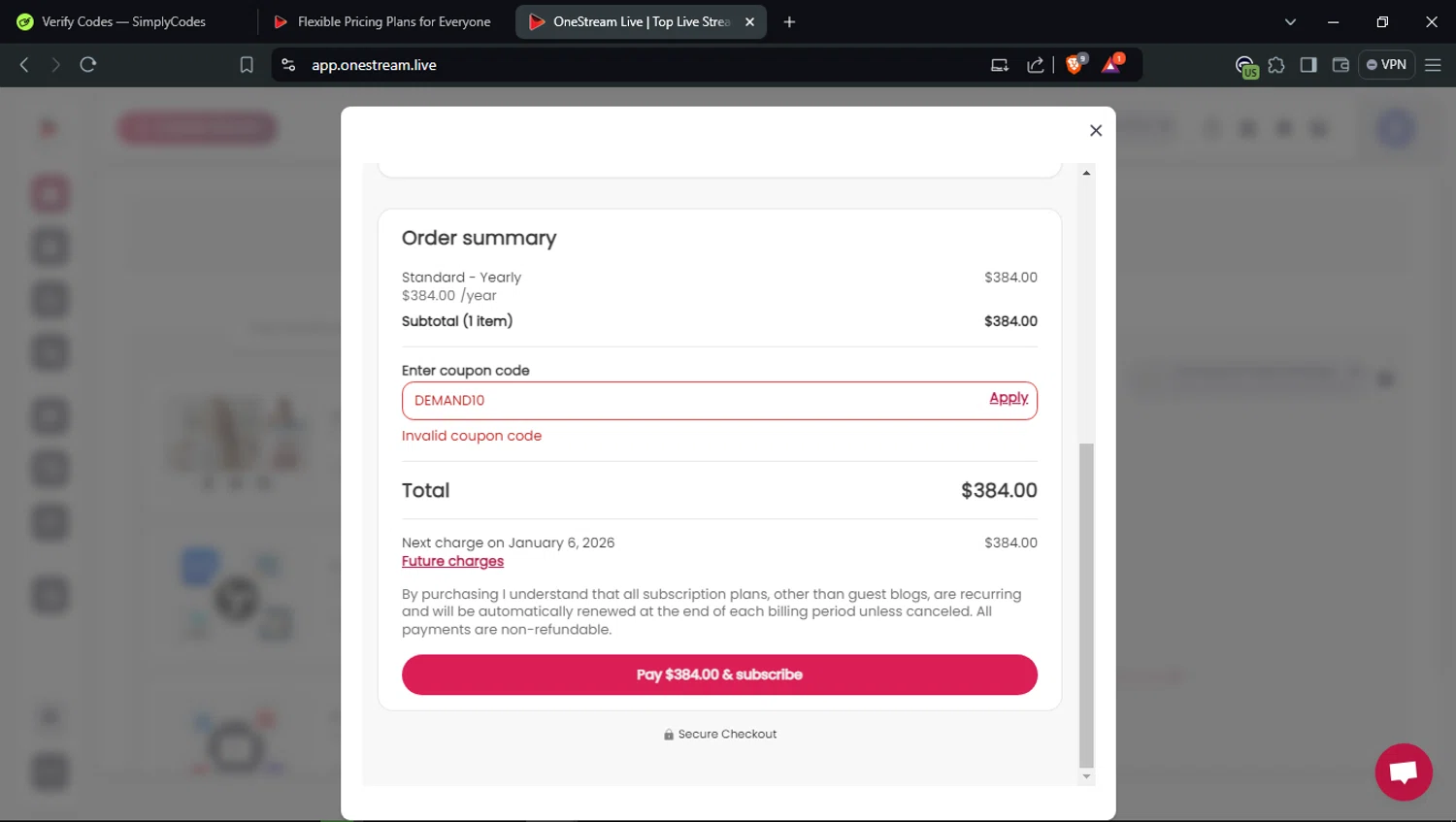 OneStream Live coupon code screenshot showing code DEMAND10 applied at OneStream Live checkout page. Uploaded by SimplyCodes community member BrilliantTitan6909 on Jan 6, 2025