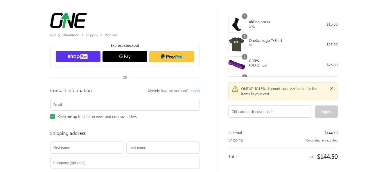 OneUp Components checkout page showing OneUp Components discount code box | Screenshot taken by SimplyCodes community member on Mar 15, 2021