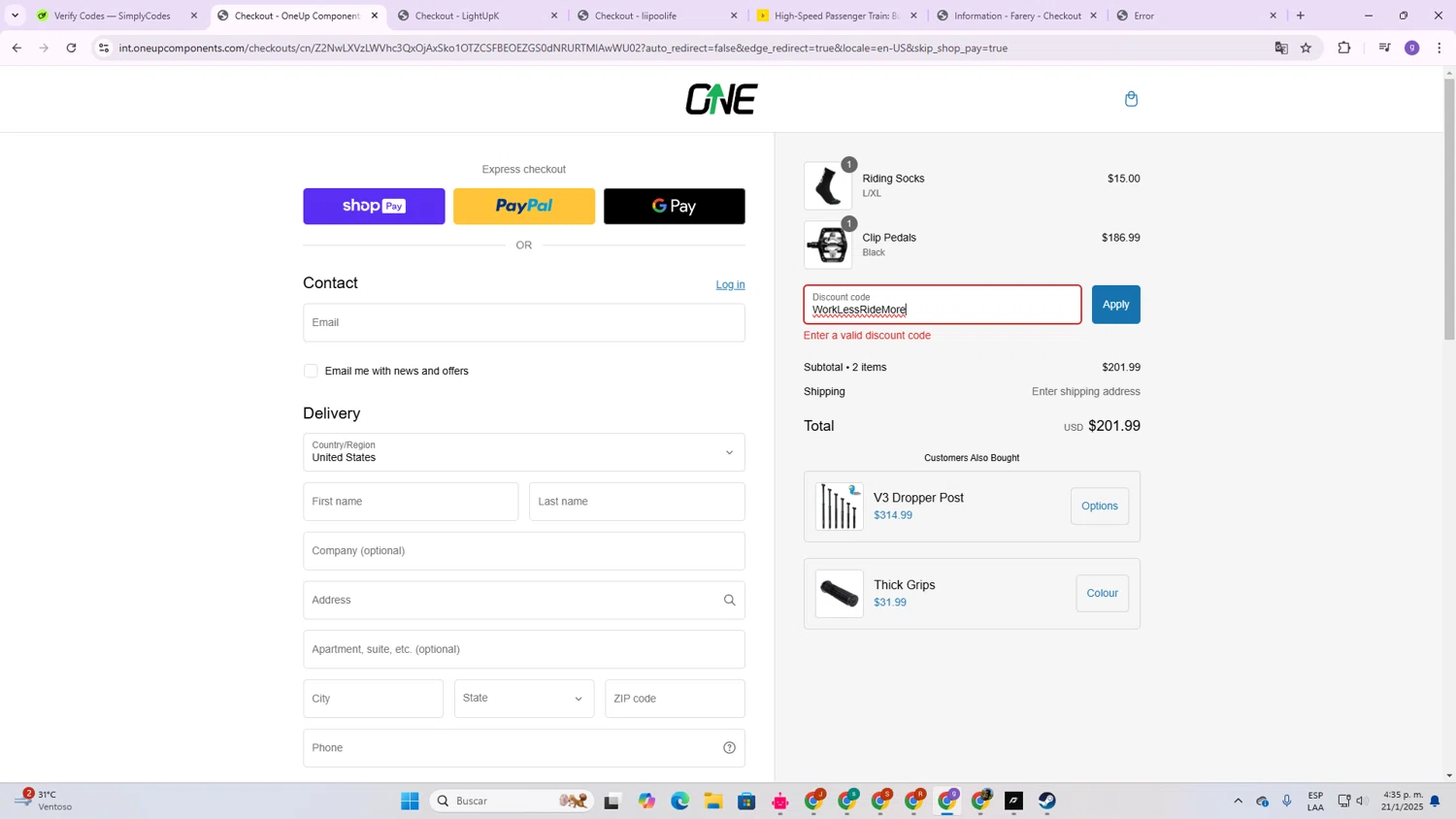 OneUp Components discount code screenshot showing code WorkLessRideMore applied at OneUp Components checkout page. Uploaded by SimplyCodes community member BrilliantSentinel3167 on Jan 21, 2025