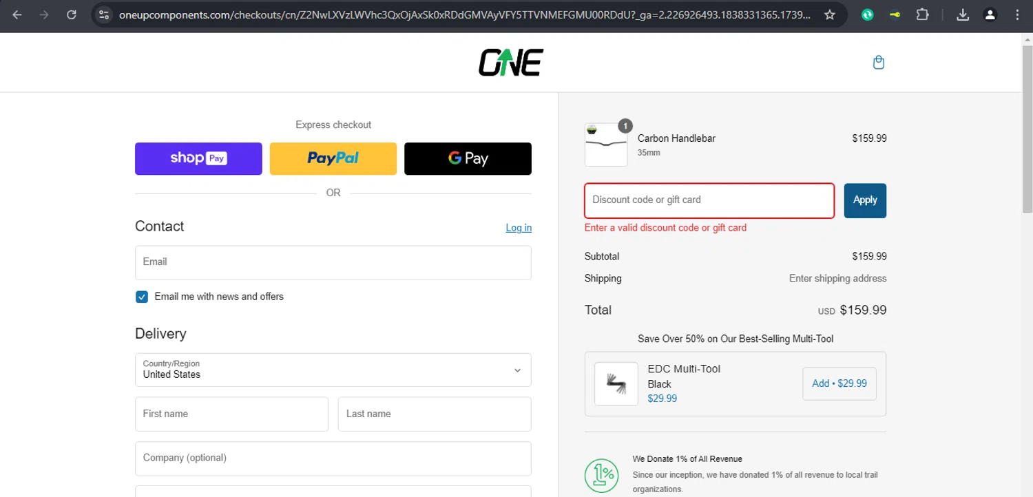 OneUp Components discount code screenshot showing code REMY20 applied at OneUp Components checkout page. Uploaded by SimplyCodes community member xaswqe on Feb 14, 2025