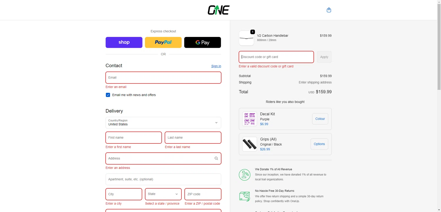 OneUp Components discount code screenshot showing code ONEUPVIP applied at OneUp Components checkout page. Uploaded by SimplyCodes community member SilverChaser3269 on Dec 4, 2025