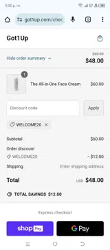 WELCOME20 coupon verification screenshot