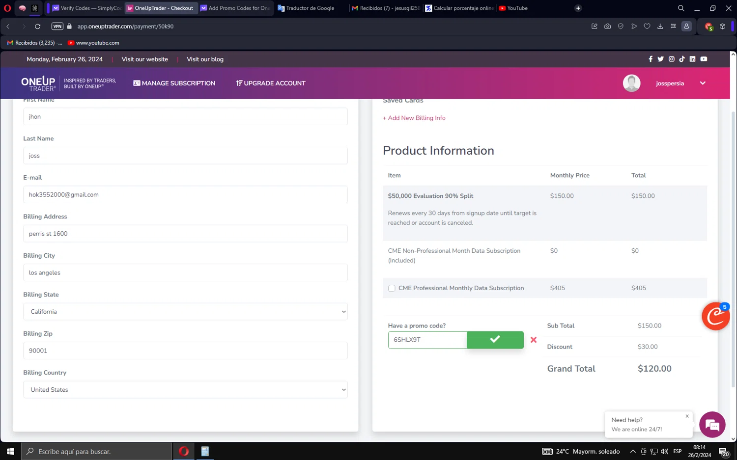 OneUp Trader checkout page showing OneUp Trader promo code box | Screenshot taken by SimplyCodes community member on Feb 26, 2024