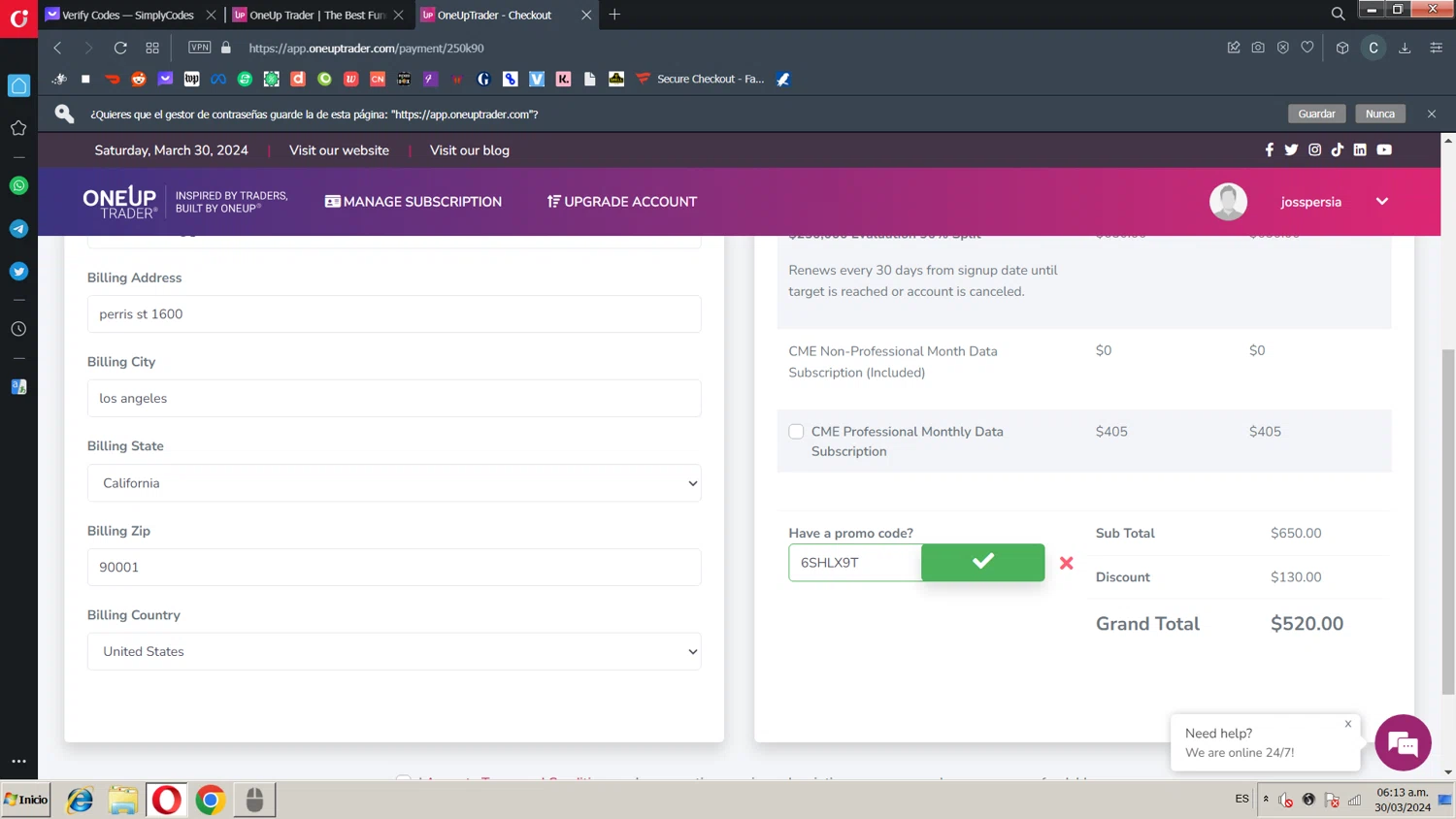 OneUp Trader checkout page showing OneUp Trader promo code box | Screenshot taken by SimplyCodes community member on Mar 30, 2024