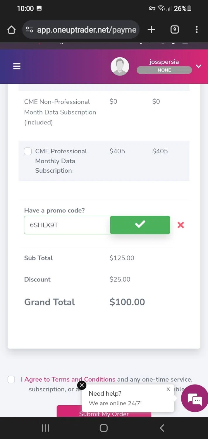 OneUp Trader checkout page showing OneUp Trader promo code box | Screenshot taken by SimplyCodes community member on Feb 15, 2024