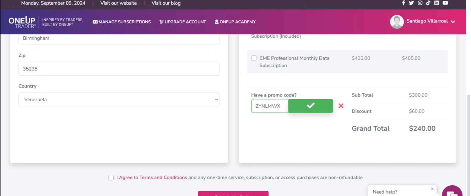 OneUp Trader checkout page showing OneUp Trader promo code box | Screenshot taken by SimplyCodes community member on Sep 9, 2024