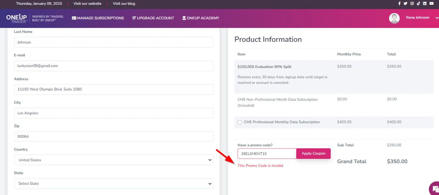 OneUp Trader promo code screenshot showing code ZYNLMWX applied at OneUp Trader checkout page. Uploaded by SimplyCodes community member SimplyCVerlie on Jan 10, 2025