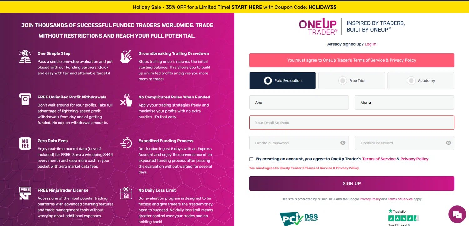 OneUp Trader checkout page showing OneUp Trader promo code box | Screenshot taken by SimplyCodes community member on Dec 11, 2024