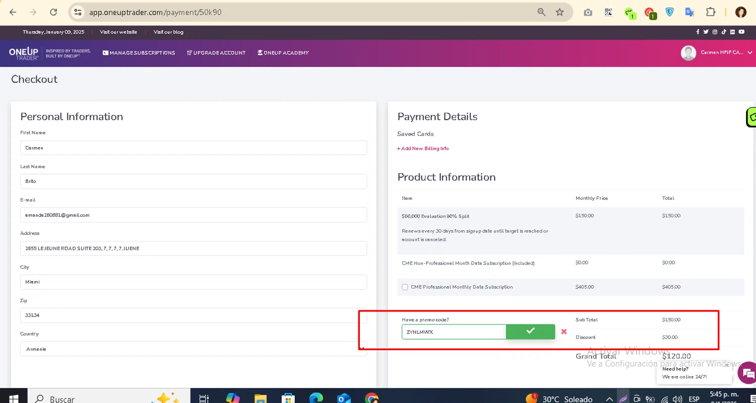 OneUp Trader promo code screenshot showing code ZYNLMWX applied at OneUp Trader checkout page. Uploaded by SimplyCodes community member AMANDA2681 on Jan 9, 2025