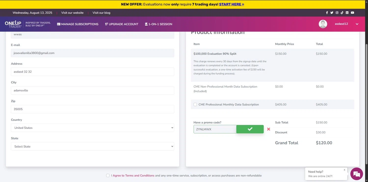 OneUp Trader promo code screenshot showing code ZYNLMWX applied at OneUp Trader checkout page. Uploaded by SimplyCodes community member Depressive on Aug 13, 2025