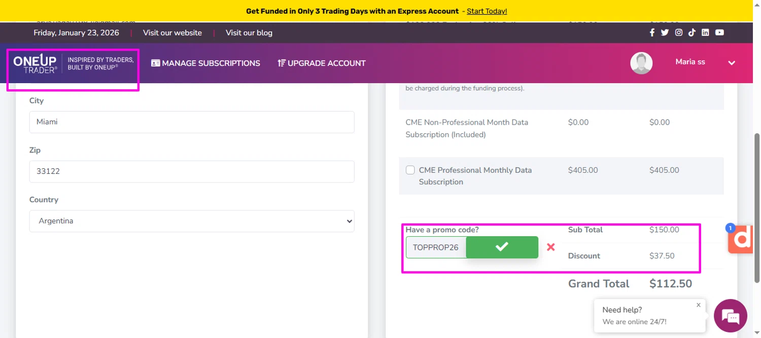 OneUp Trader promo code screenshot showing code TOPPROP26 applied at OneUp Trader checkout page. Uploaded by SimplyCodes community member mrdarcy on Jan 24, 2026