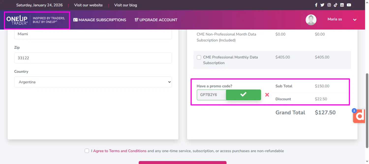 OneUp Trader promo code screenshot showing code GP7B2Y6 applied at OneUp Trader checkout page. Uploaded by SimplyCodes community member mrdarcy on Jan 24, 2026