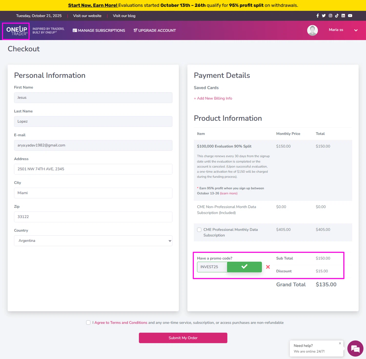 OneUp Trader promo code screenshot showing code INVEST25 applied at OneUp Trader checkout page. Uploaded by SimplyCodes community member mrdarcy on Oct 21, 2025