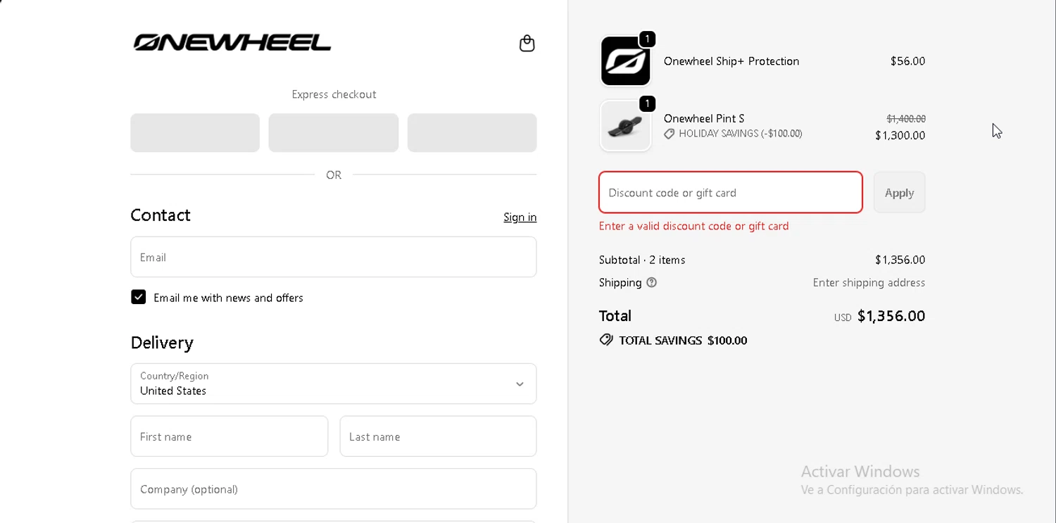 Onewheel promo code screenshot showing code AF85DC9D applied at Onewheel checkout page. Uploaded by SimplyCodes community member RewardLynx9164 on Dec 22, 2025