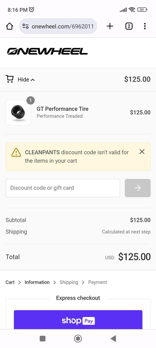 Onewheel checkout page showing Onewheel discount code box | Screenshot taken by SimplyCodes community member on Oct 10, 2023