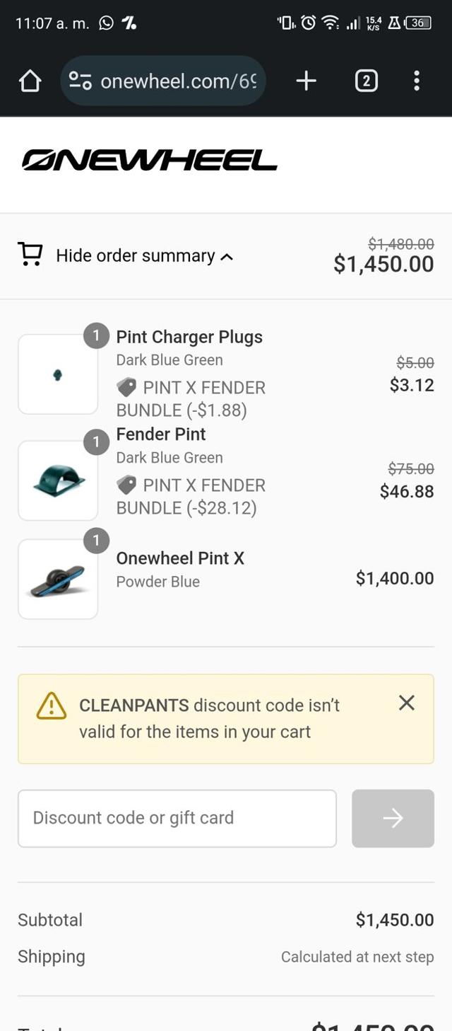 Onewheel checkout page showing Onewheel discount code box | Screenshot taken by SimplyCodes community member on Sep 27, 2023