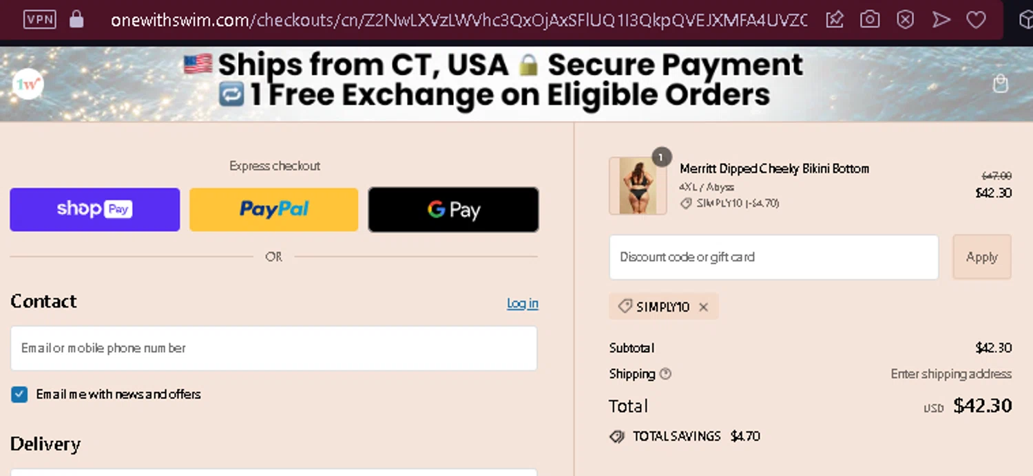 onewith checkout page showing onewith promo code box | Screenshot taken by SimplyCodes community member on May 26, 2024