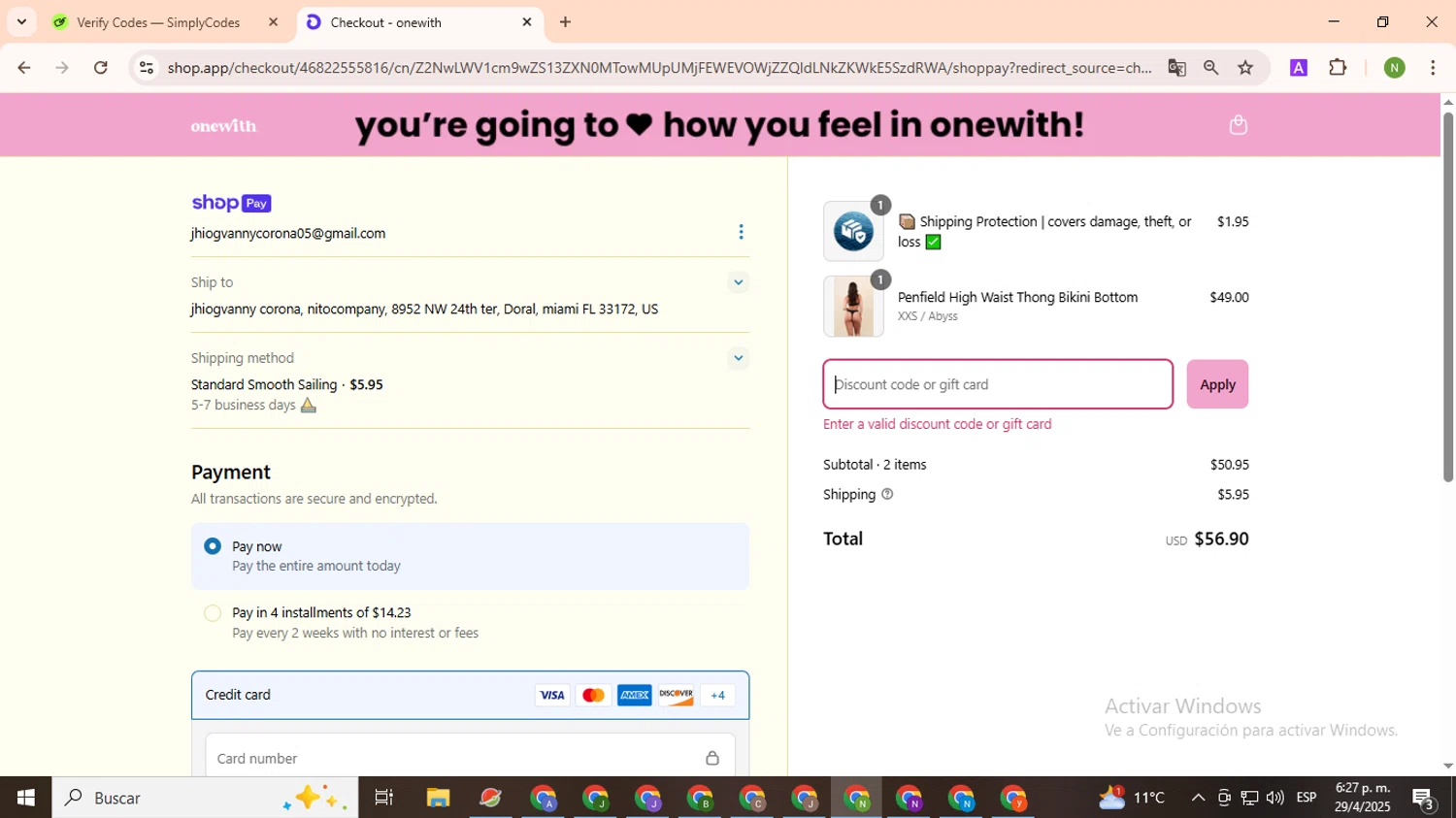 onewith promo code screenshot showing code SIMPLY10 applied at onewith checkout page. Uploaded by SimplyCodes community member TokenMaverick6956 on Apr 30, 2025